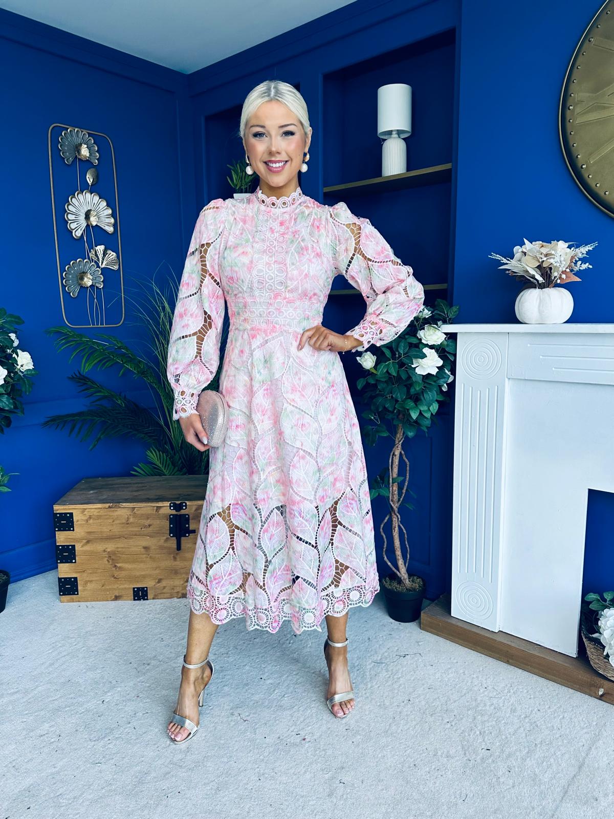 Sarah Detailed Crochet Occasion Dress Pink