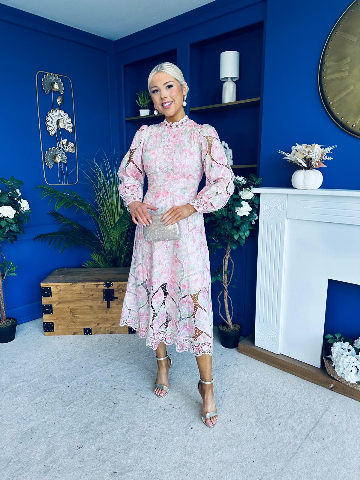 Sarah Detailed Crochet Occasion Dress Pink