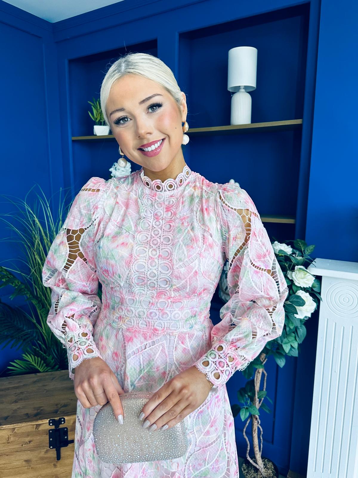 Sarah Detailed Crochet Occasion Dress Pink