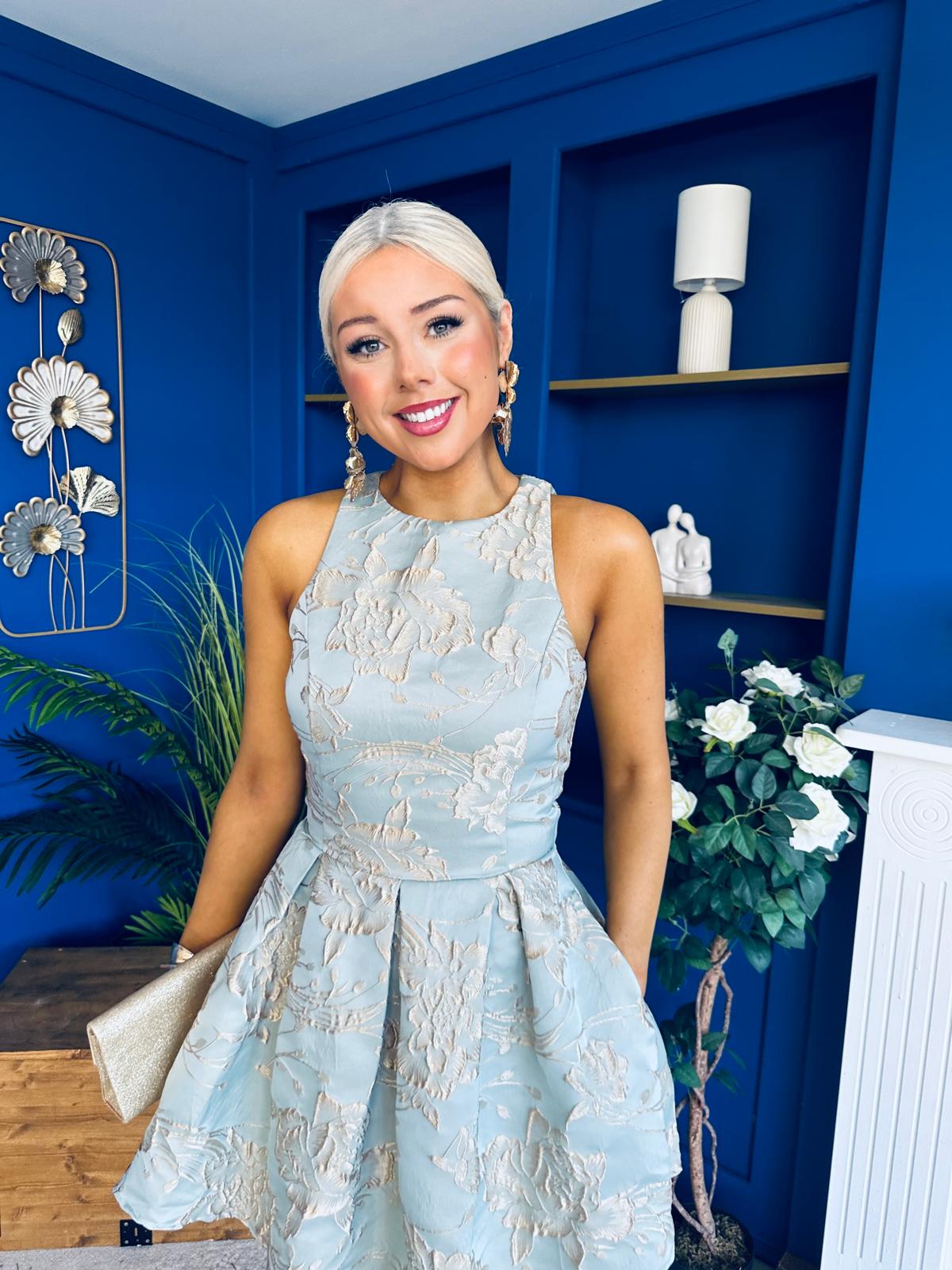 Diana Jacquard Skater Mini Dress Duck Egg