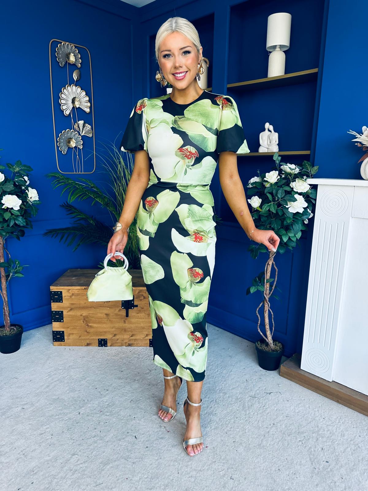 Miriam Puff Sleeve Midi Dress Floral Black & Green