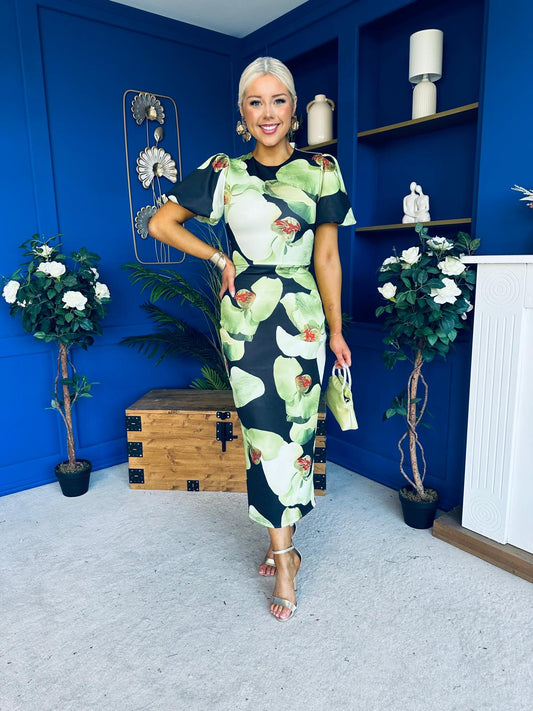 Miriam Puff Sleeve Midi Dress Floral Black & Green