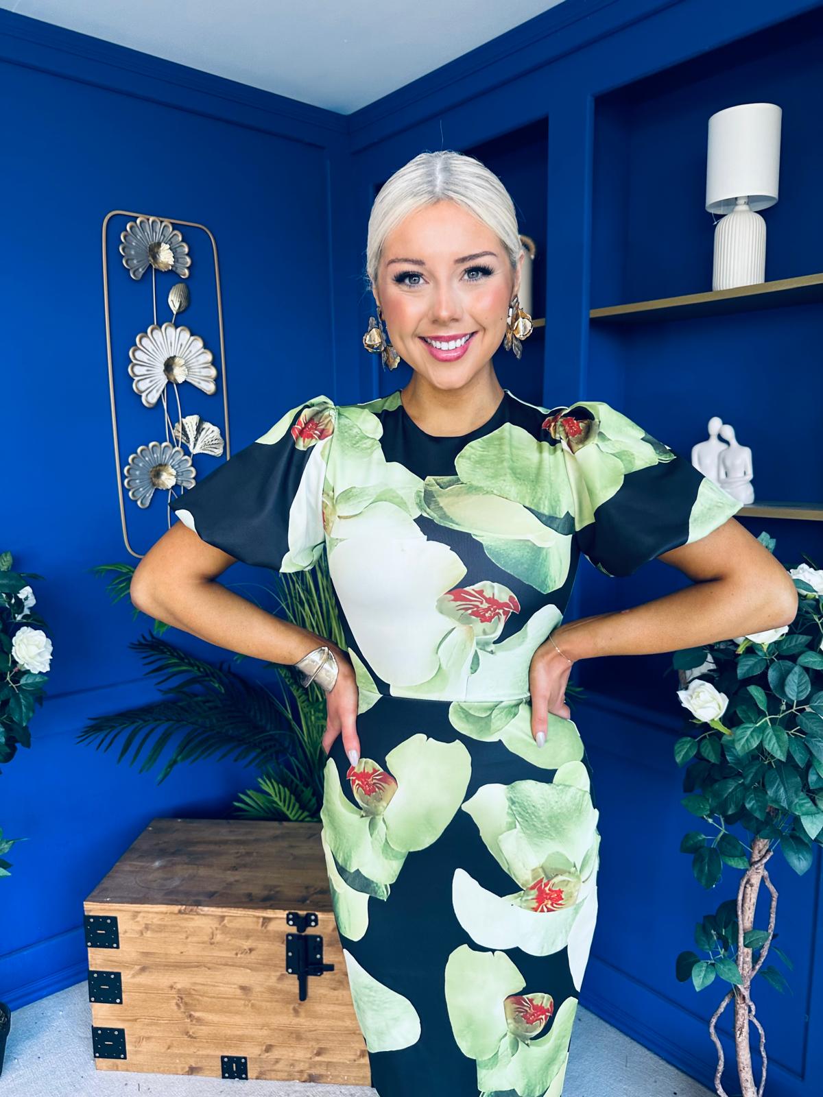 Miriam Puff Sleeve Midi Dress Floral Black & Green