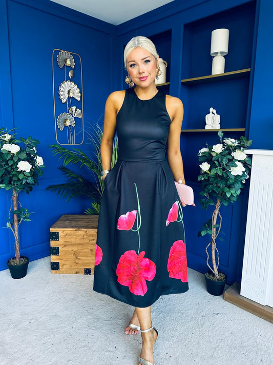 Niky Racer Neck A-Line Midi Dress Black Floral