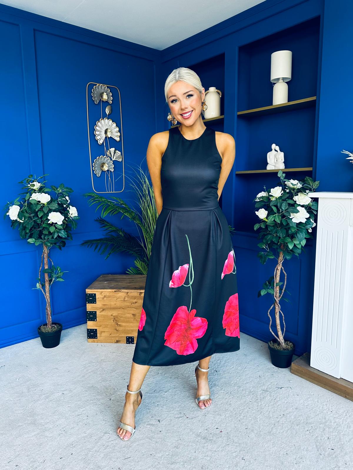 Niky Racer Neck A-Line Midi Dress Black Floral