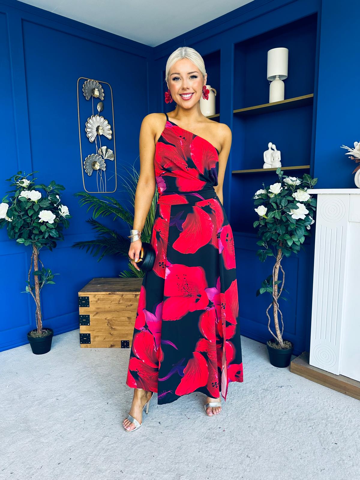 Janis One Shoulder Ruched Waist Midi Dress Floral Black