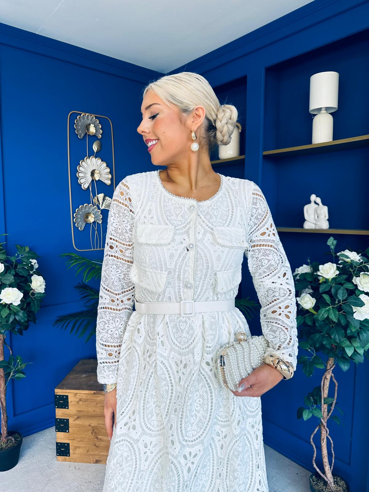 Dani Crochet Detail Occasion Dress Cream