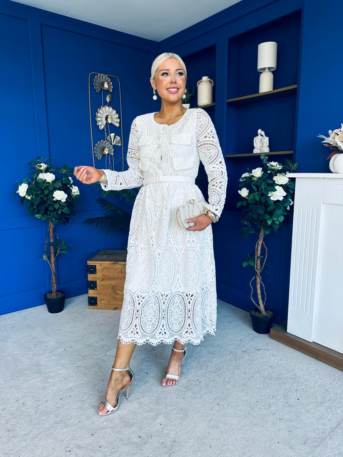 Dani Crochet Detail Occasion Dress Cream