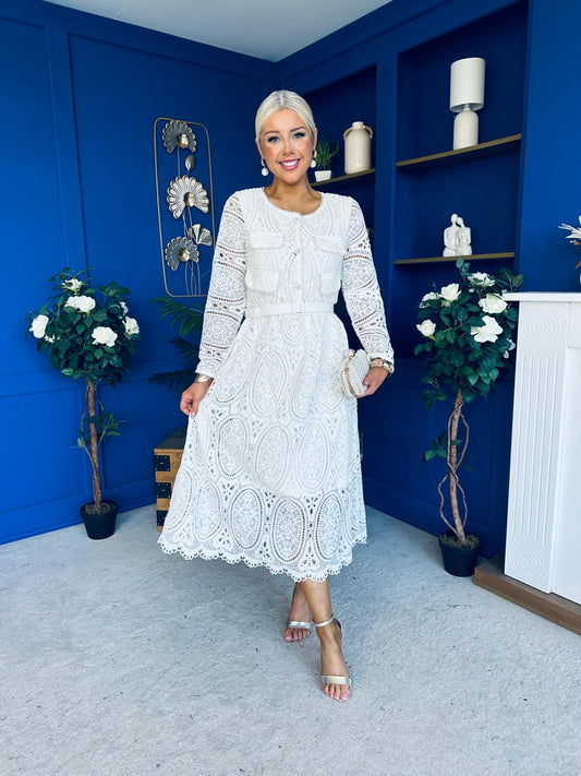 Dani Crochet Detail Occasion Dress Cream