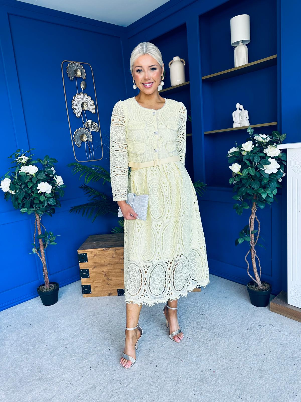 Dani Crochet Detail Occasion Dress Yellow