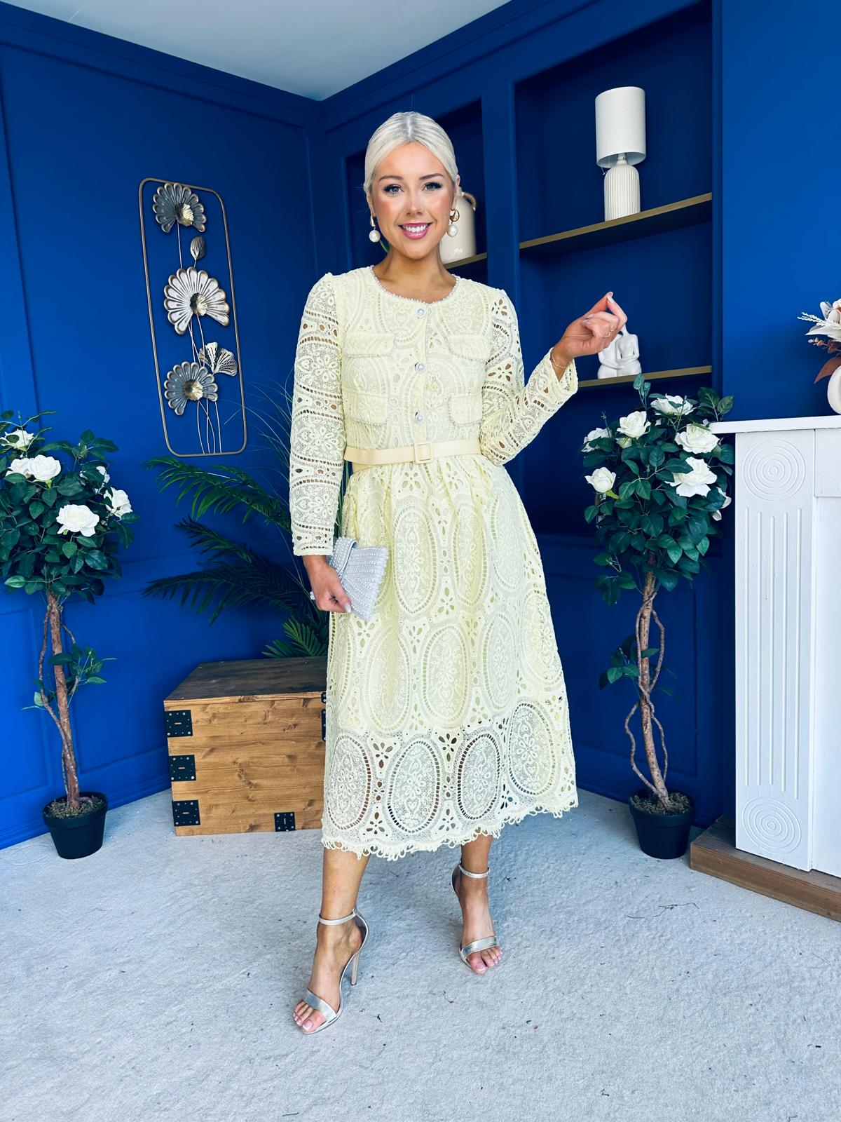 Dani Crochet Detail Occasion Dress Yellow