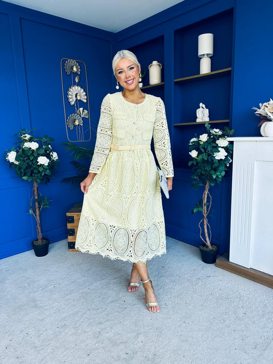 Dani Crochet Detail Occasion Dress Yellow