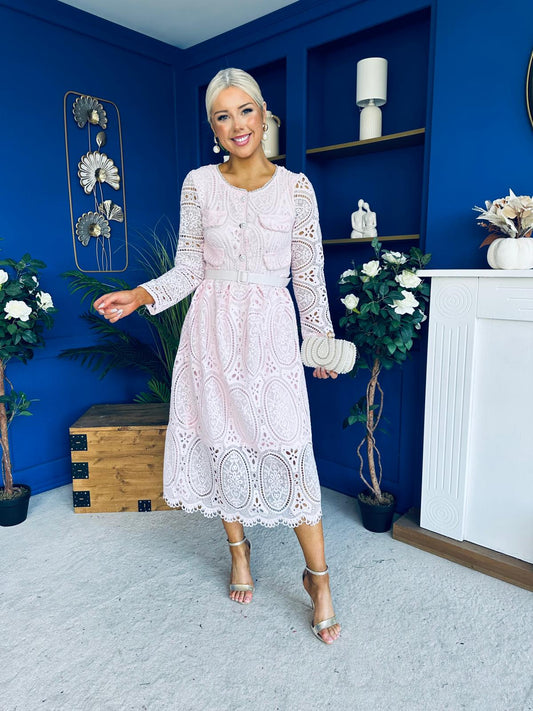 Dani Crochet Detail Occasion Dress Pink