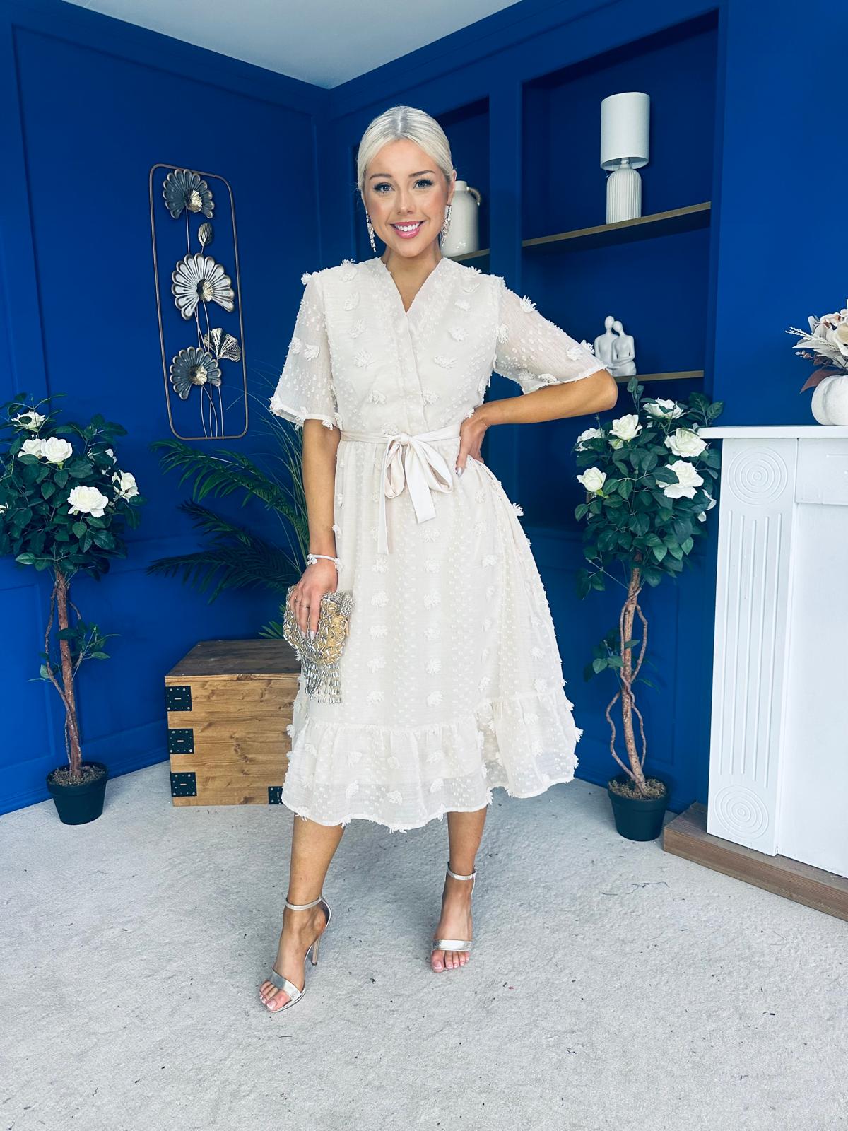 Fiadh Detailed Occasion Midi Dress Beige / Ecru