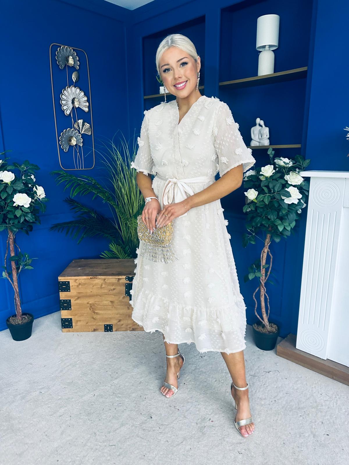 Fiadh Detailed Occasion Midi Dress Beige / Ecru