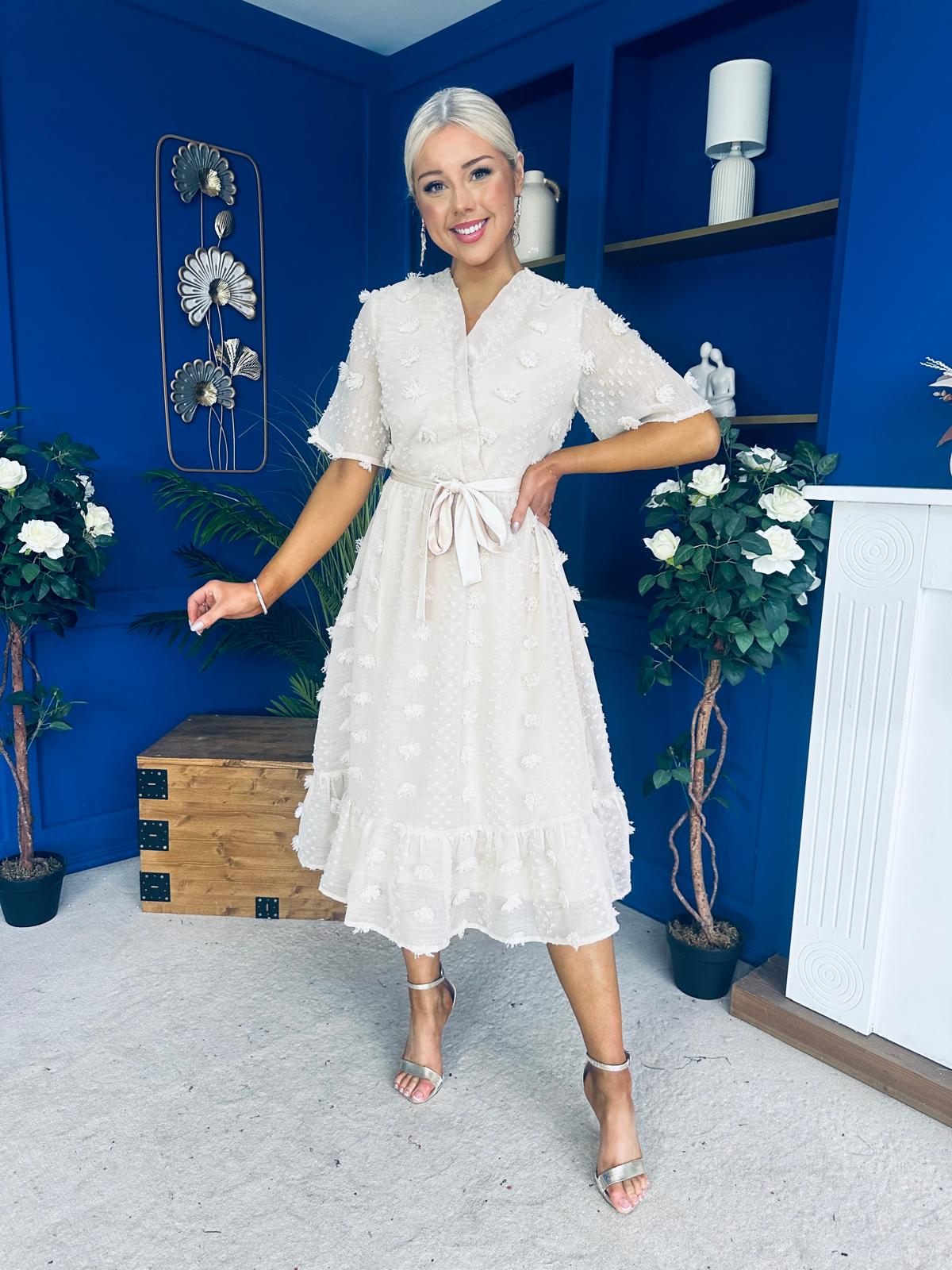 Fiadh Detailed Occasion Midi Dress Beige / Ecru