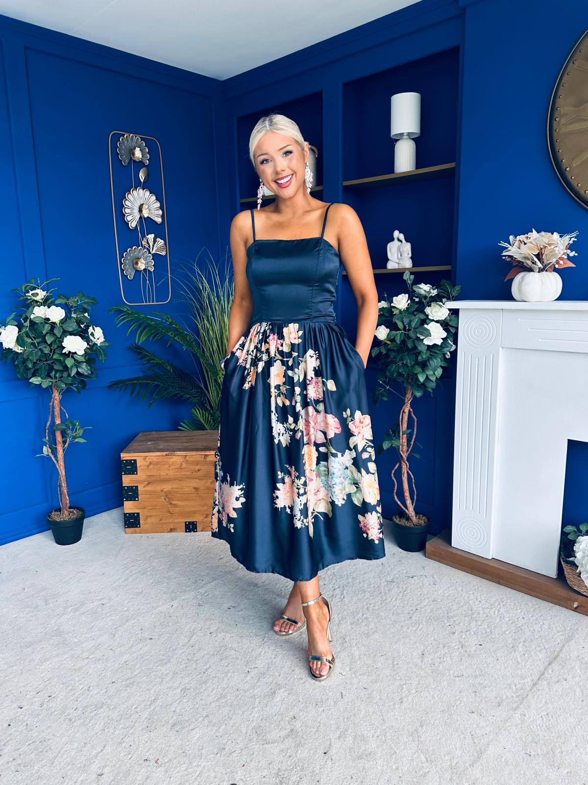 Emma Print Detail Strappy Midi Dress Floral Navy