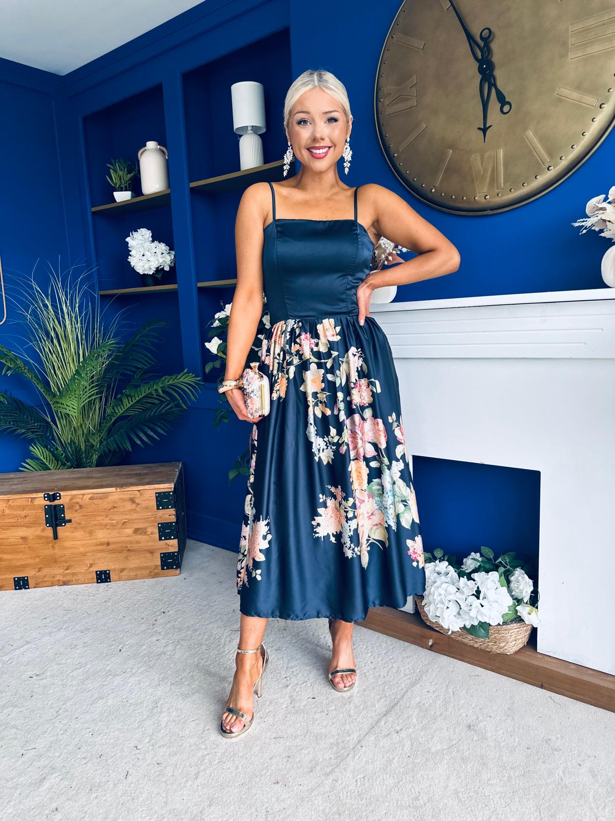 Emma Print Detail Strappy Midi Dress Floral Navy