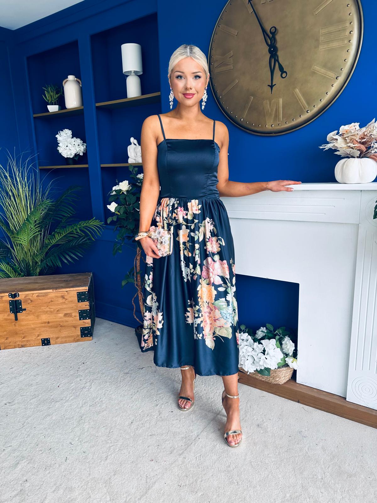 Emma Print Detail Strappy Midi Dress Floral Navy