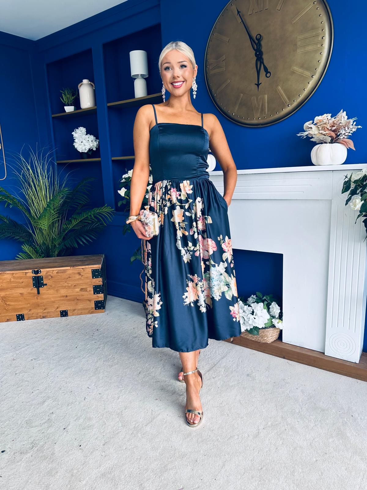 Emma Print Detail Strappy Midi Dress Floral Navy