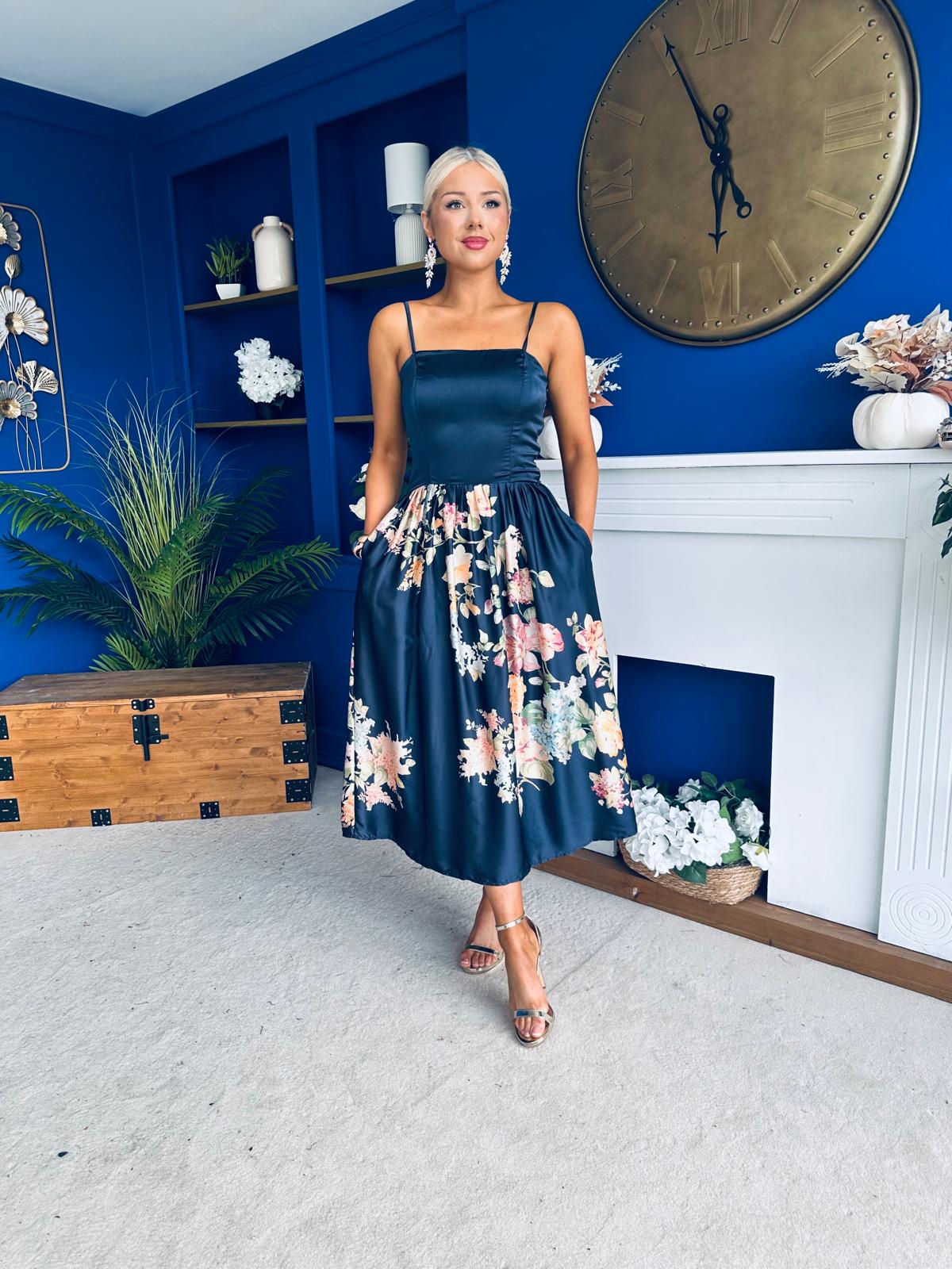 Emma Print Detail Strappy Midi Dress Floral Navy