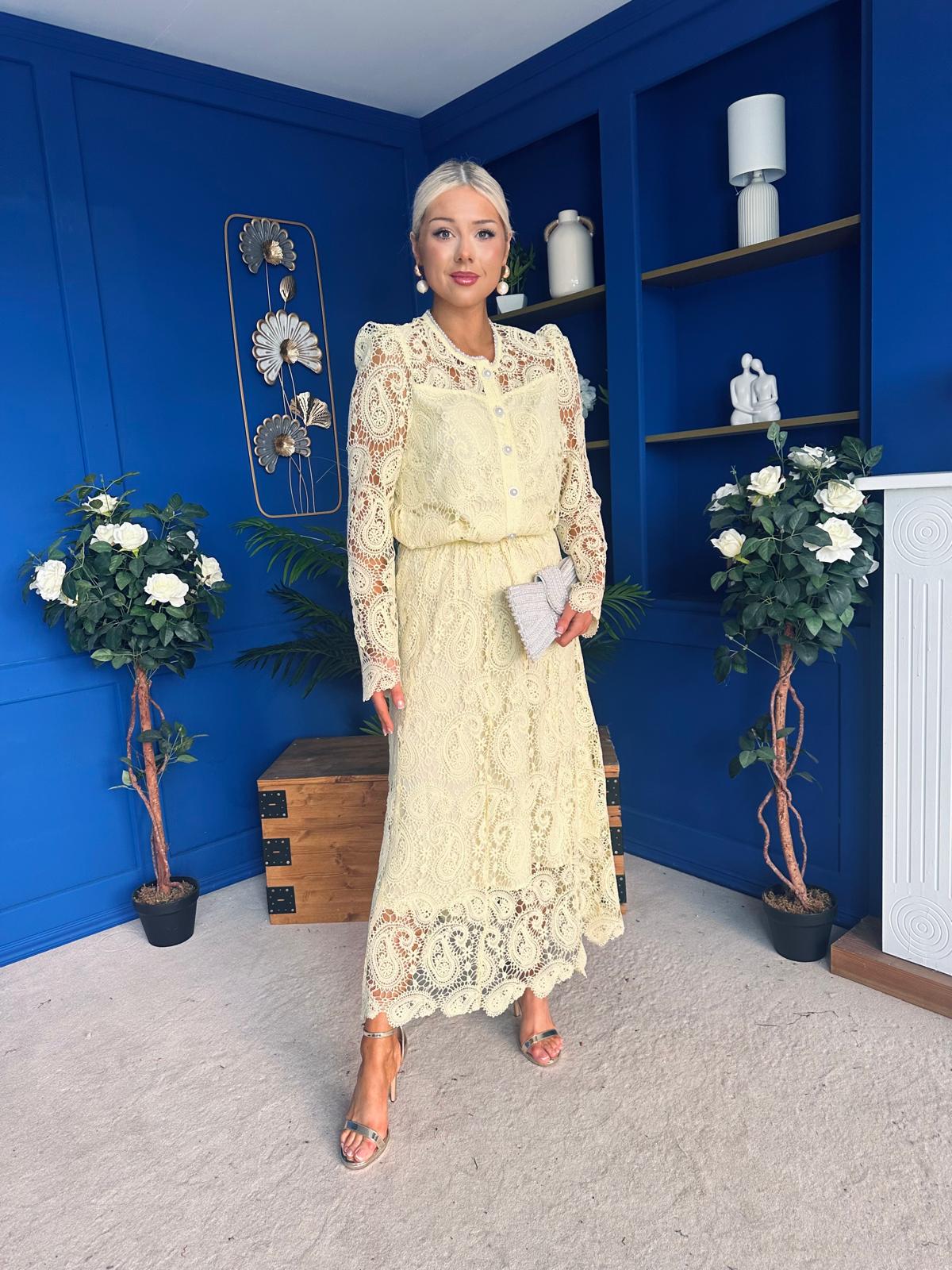 Sienna Crochet Skirt & Cardi Set Yellow