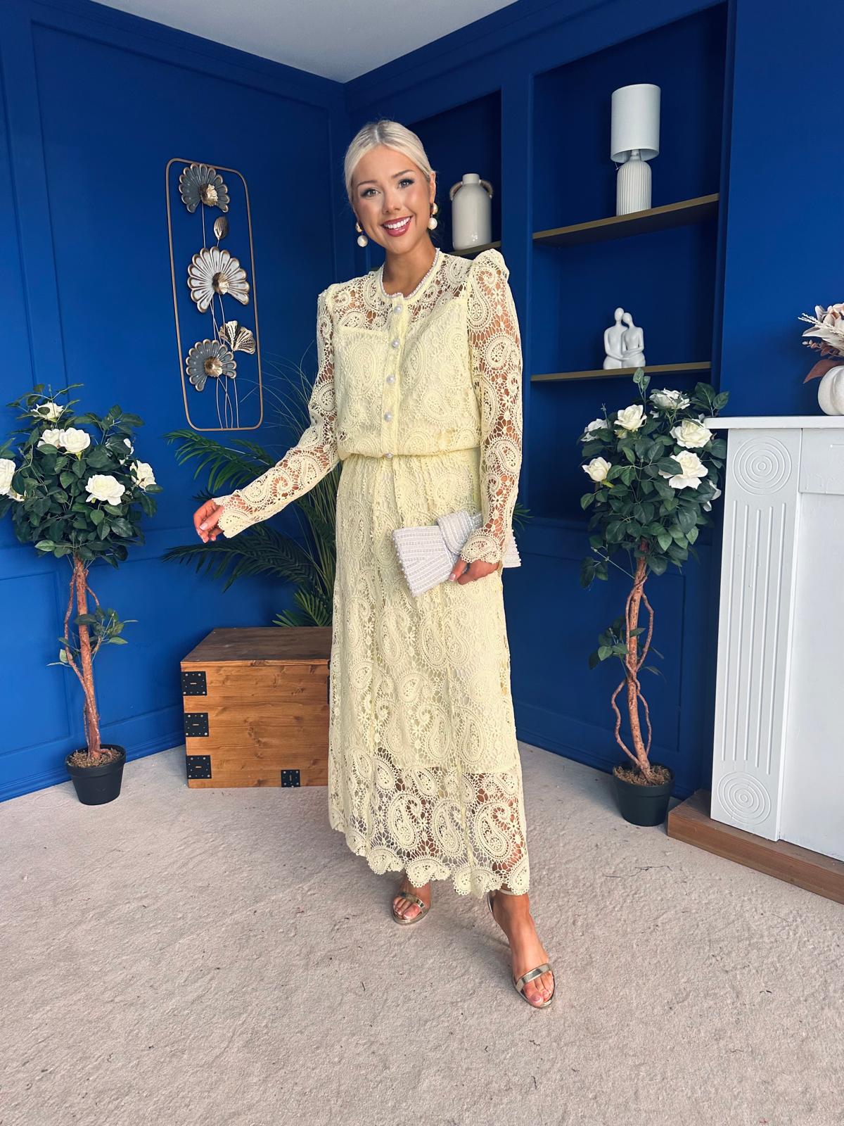 Sienna Crochet Skirt & Cardi Set Yellow