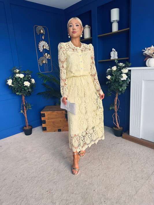 Sienna Crochet Skirt & Cardi Set Yellow