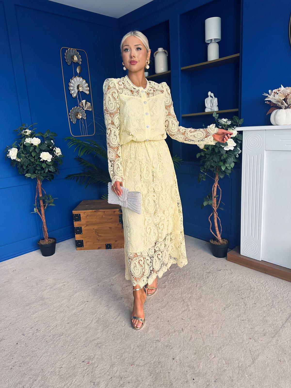 Sienna Crochet Skirt & Cardi Set Yellow