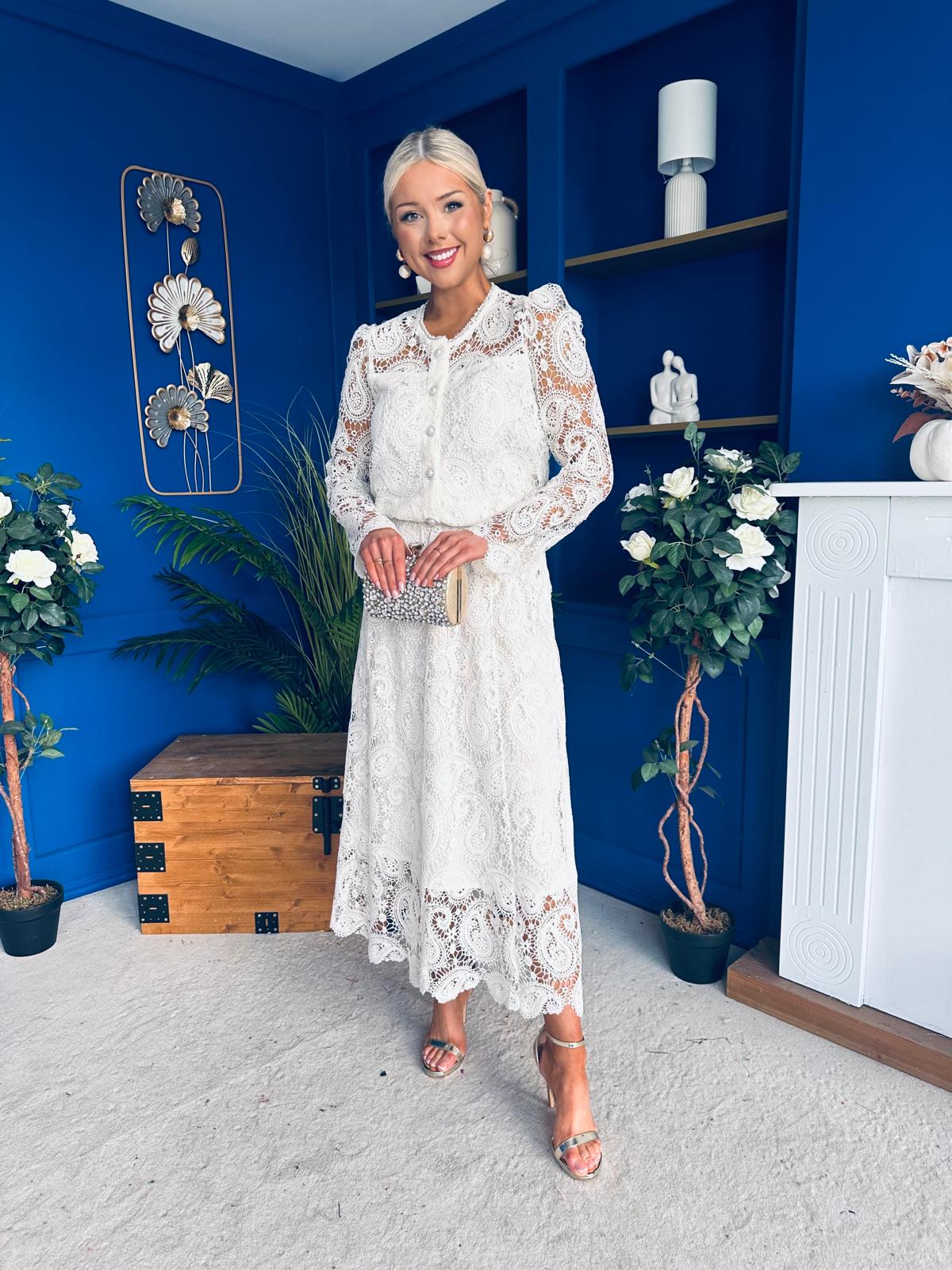 Sienna Crochet Skirt & Cardi Set Cream