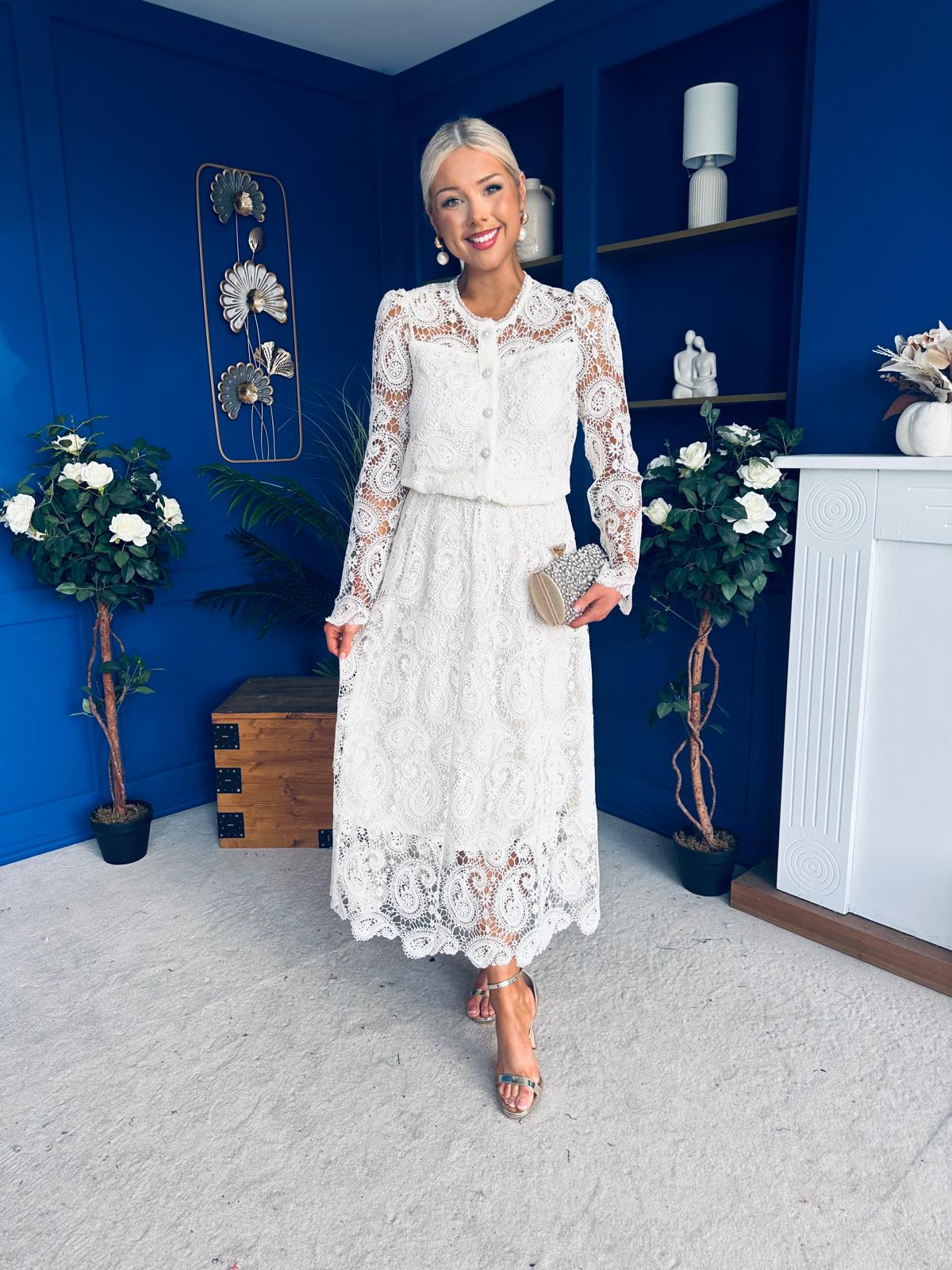 Sienna Crochet Skirt & Cardi Set Cream