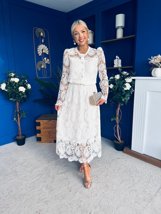 Sienna Crochet Skirt & Cardi Set Cream
