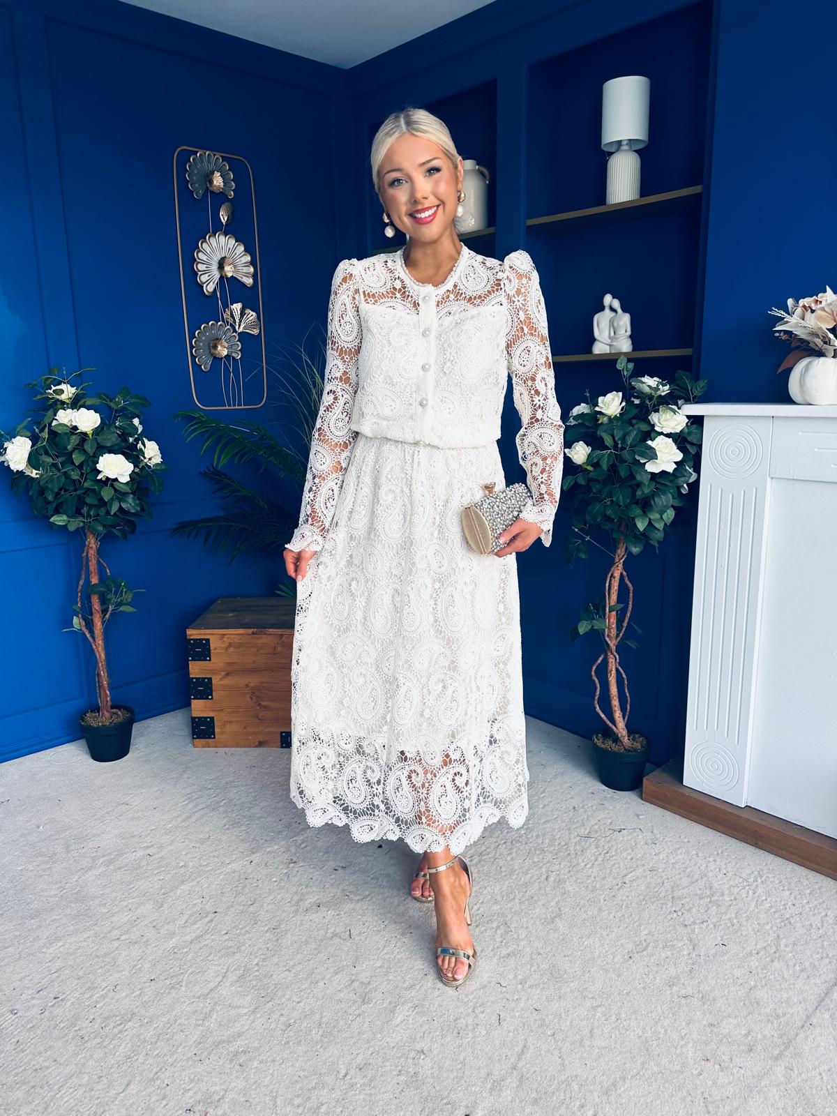 Sienna Crochet Skirt & Cardi Set Cream