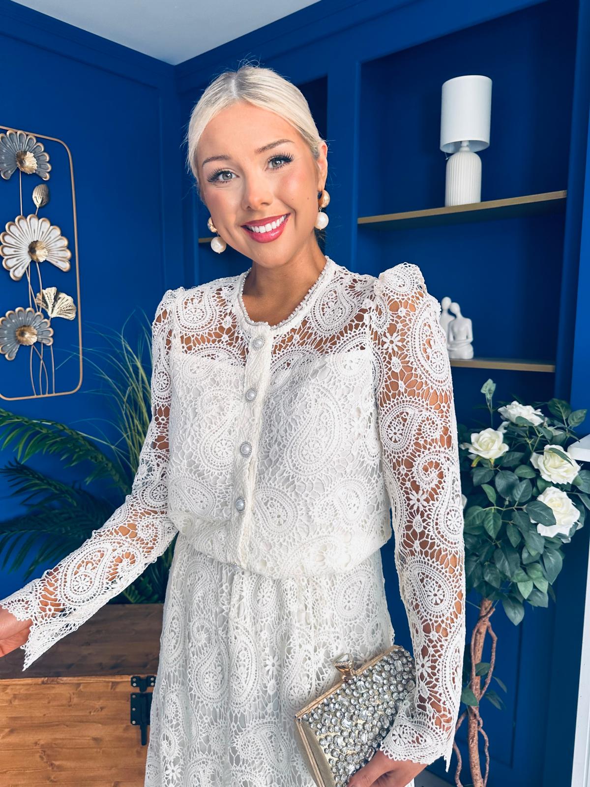 Sienna Crochet Skirt & Cardi Set Cream