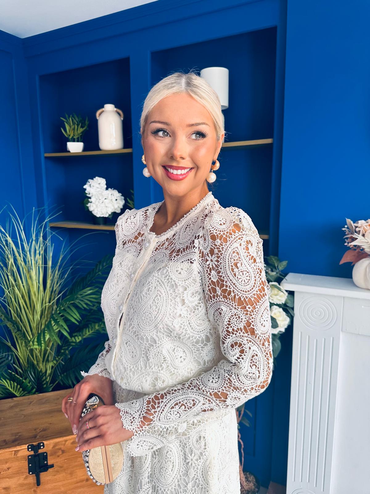 Sienna Crochet Skirt & Cardi Set Cream