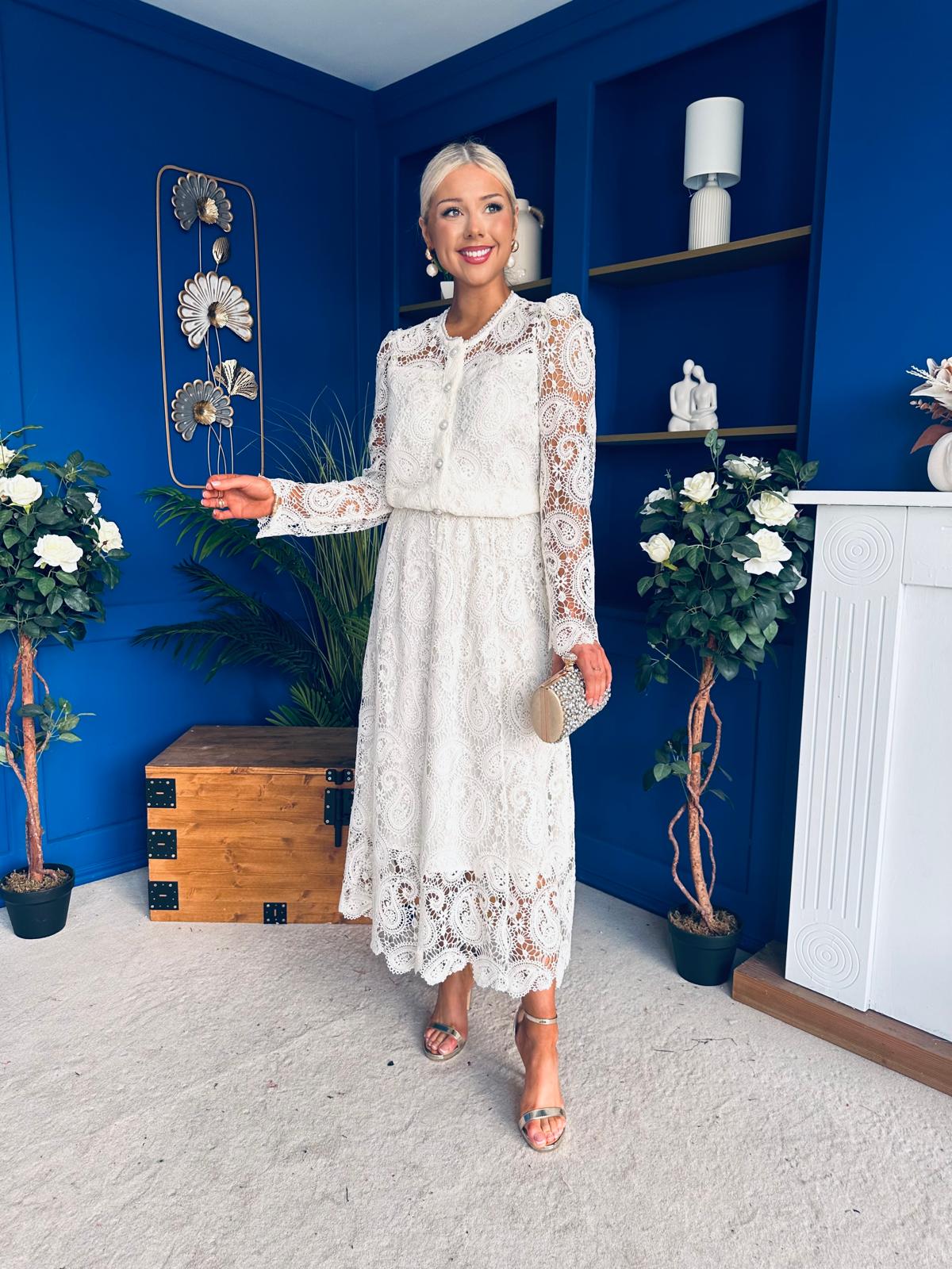 Sienna Crochet Skirt & Cardi Set Cream