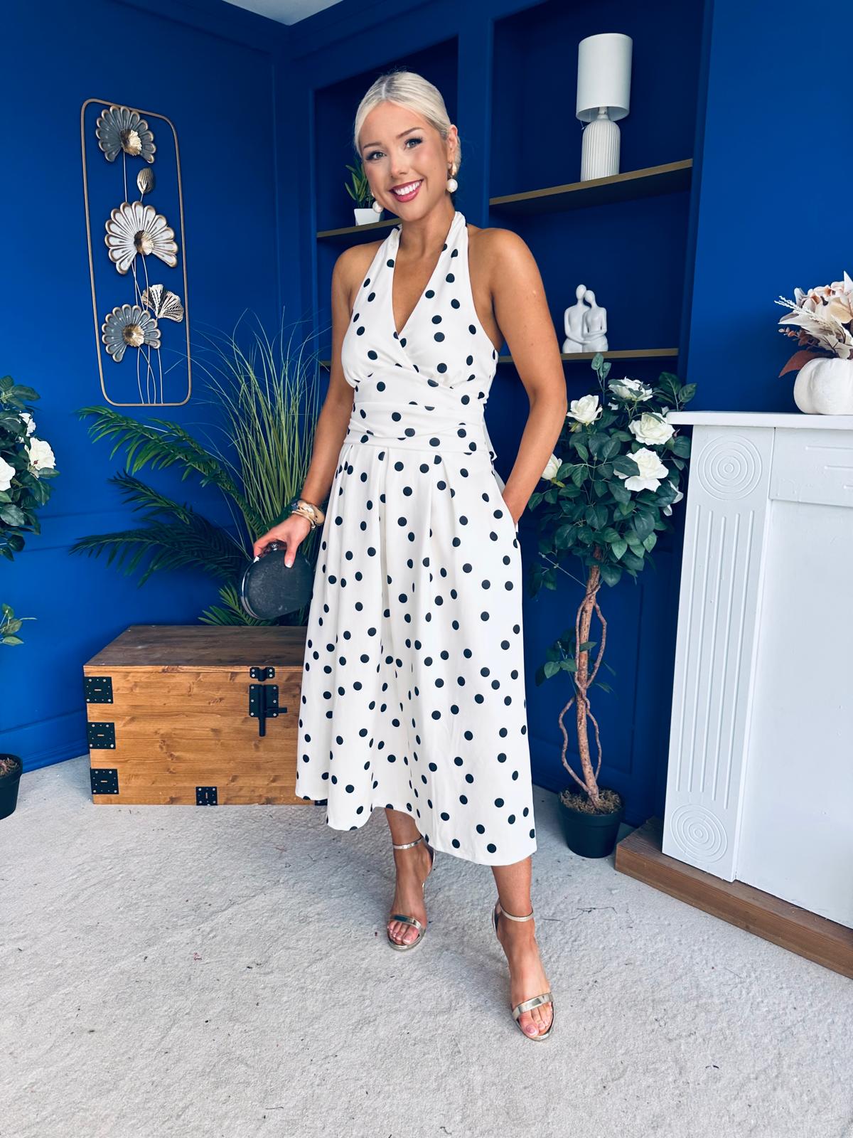 Justine Halter Neck Midi Dress Polka Black & Cream