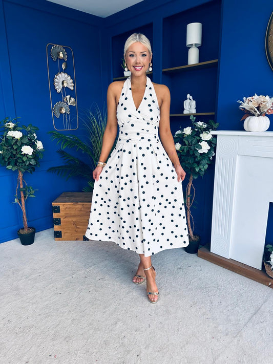 Justine Halter Neck Midi Dress Polka Black & Cream