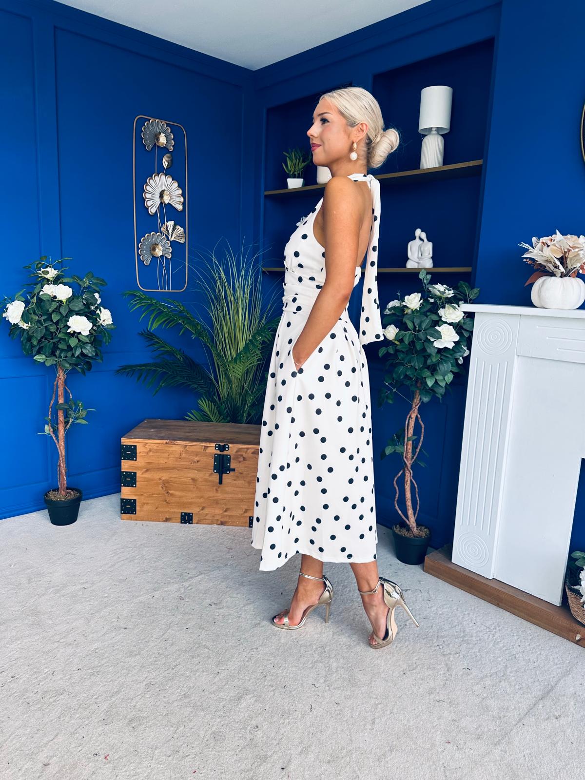 Justine Halter Neck Midi Dress Polka Black & Cream