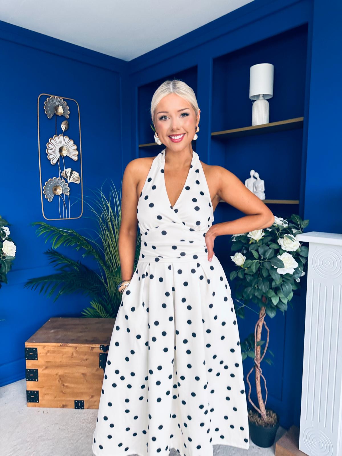 Justine Halter Neck Midi Dress Polka Black & Cream