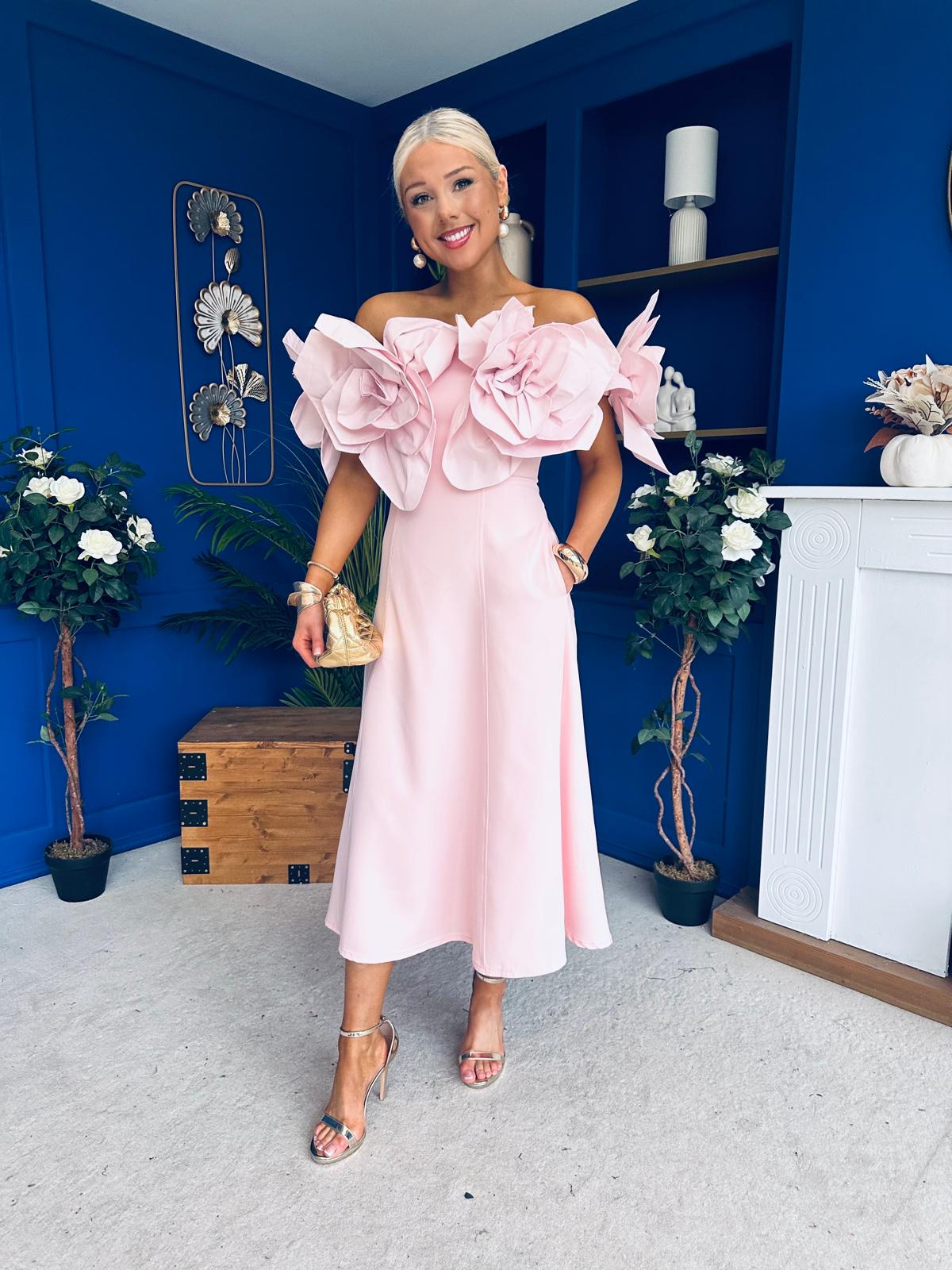 Jackie Floral Detail Occasion Midi Dress Pwr Pink