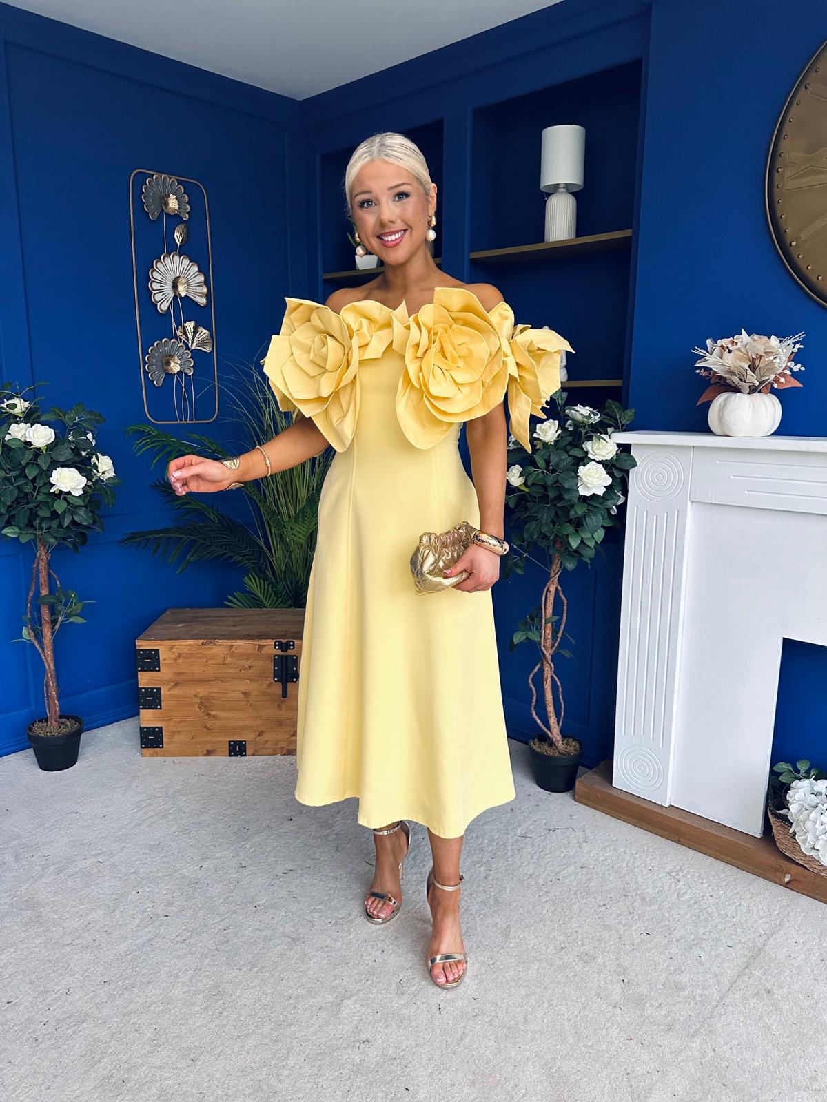 Jackie Floral Detail Occasion Midi Dress Yellow