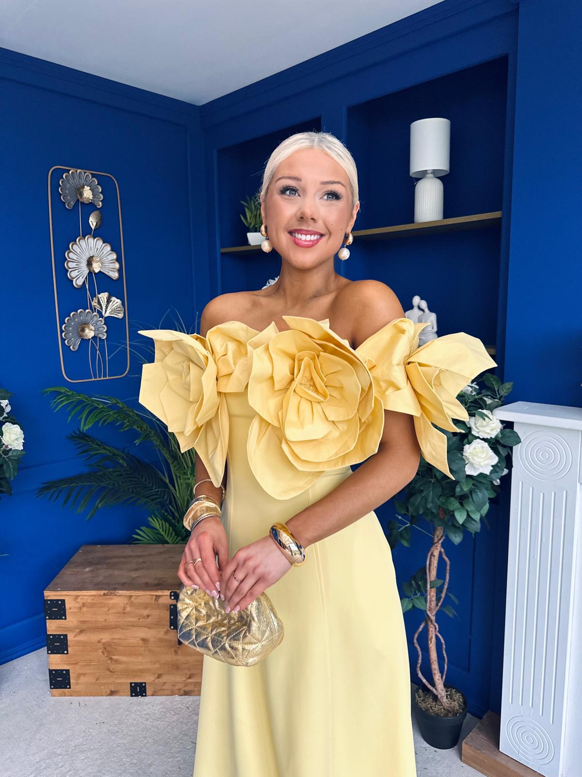 Jackie Floral Detail Occasion Midi Dress Yellow