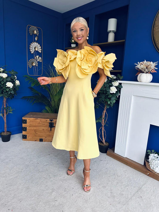 Jackie Floral Detail Occasion Midi Dress Yellow
