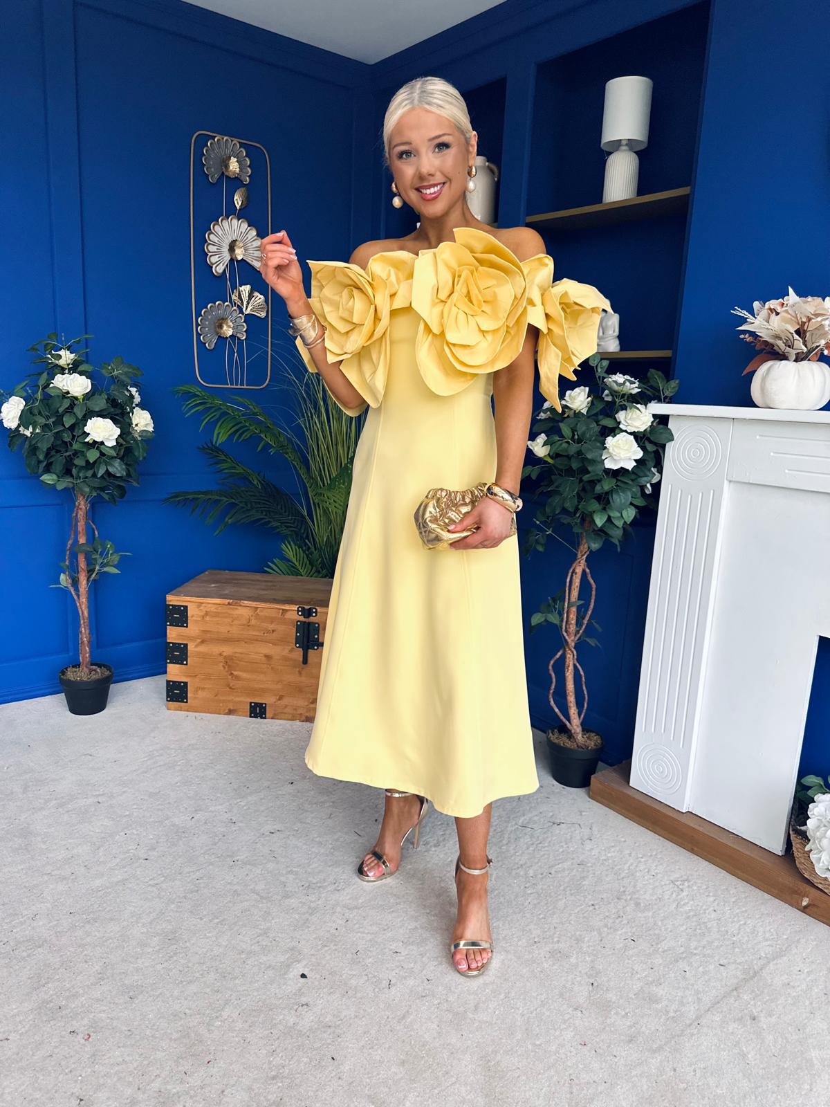 Jackie Floral Detail Occasion Midi Dress Yellow