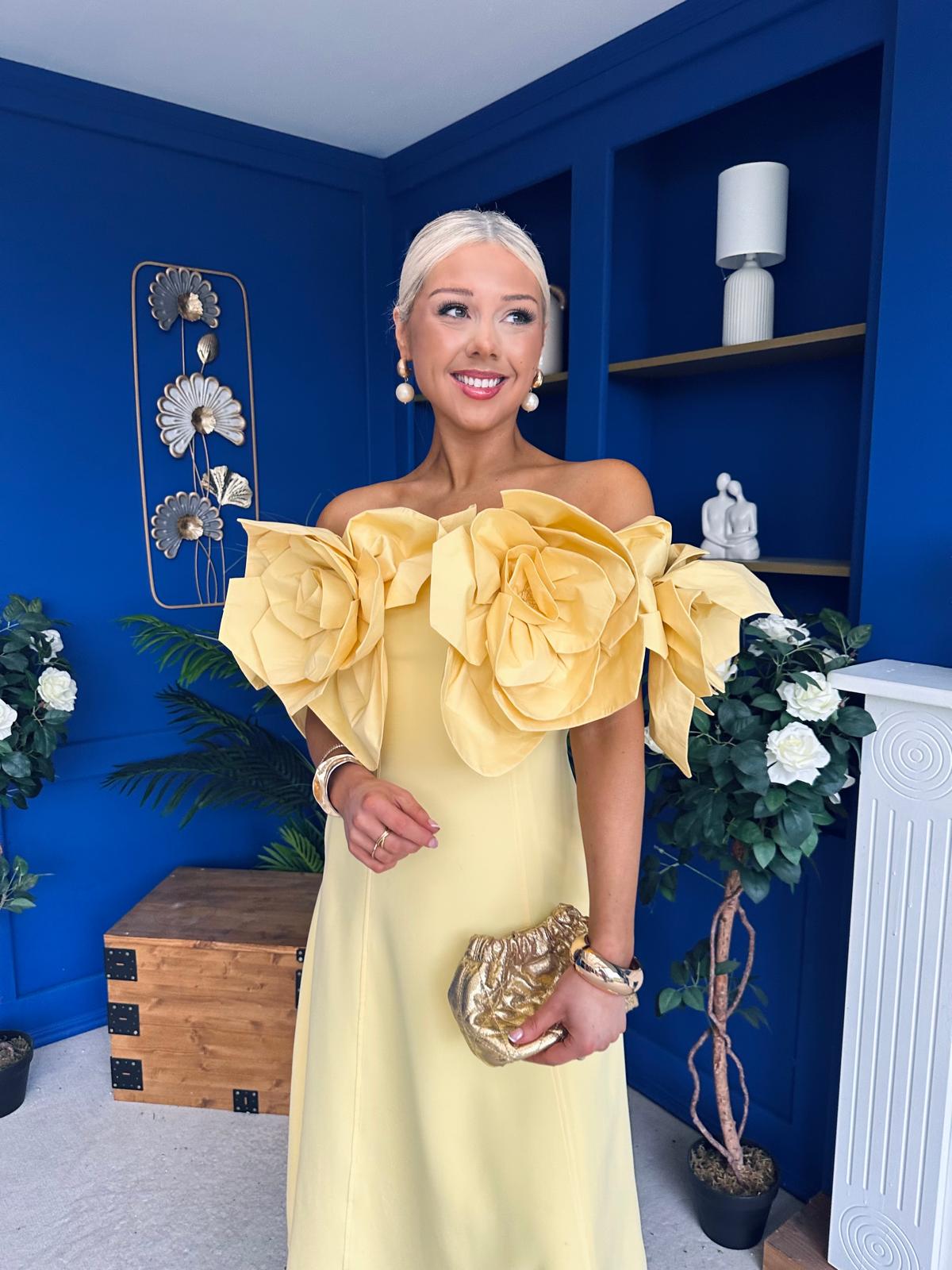 Jackie Floral Detail Occasion Midi Dress Yellow