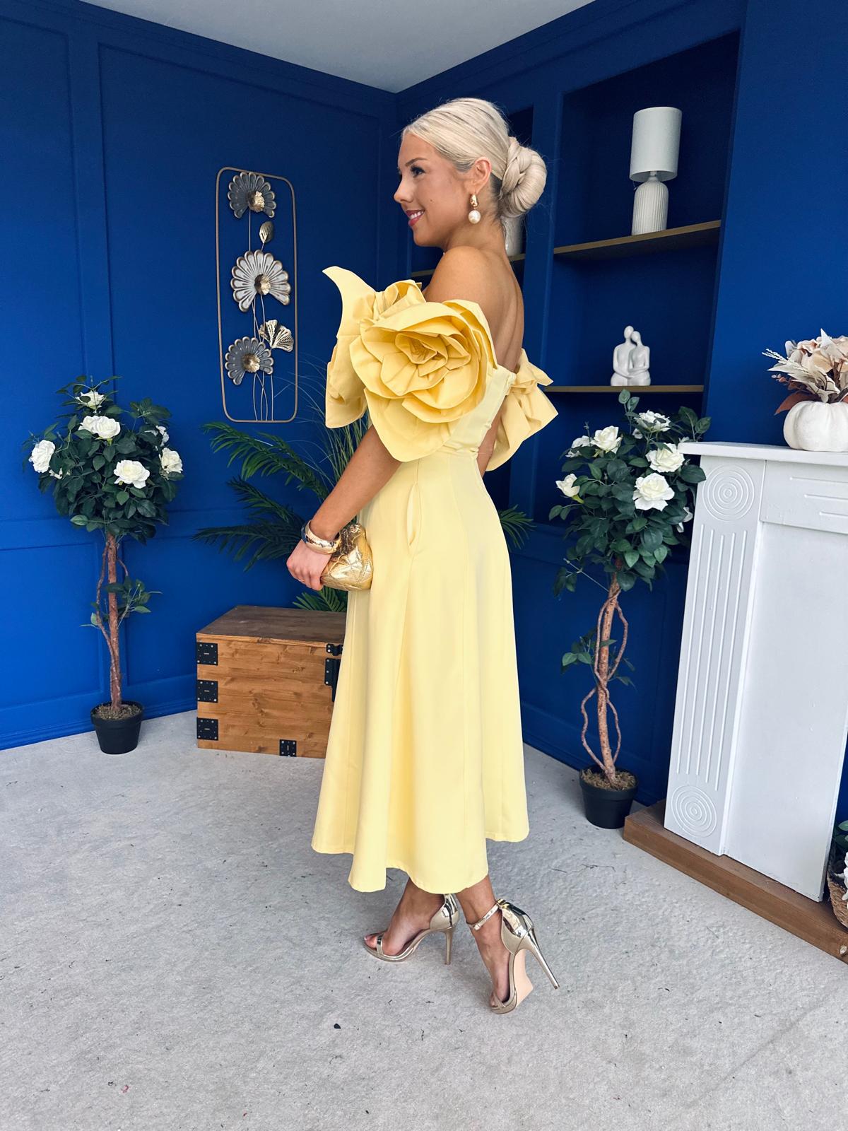 Jackie Floral Detail Occasion Midi Dress Yellow