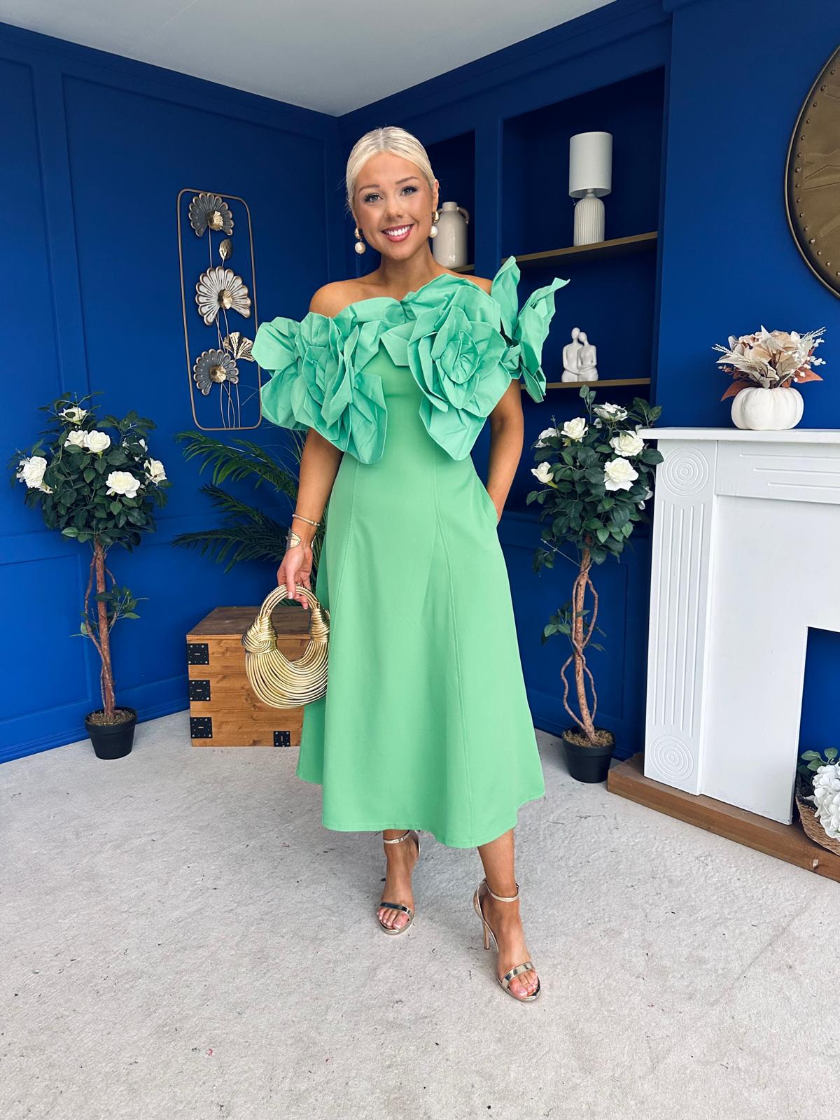 Jackie Floral Detail Occasion Midi Dress Emerald