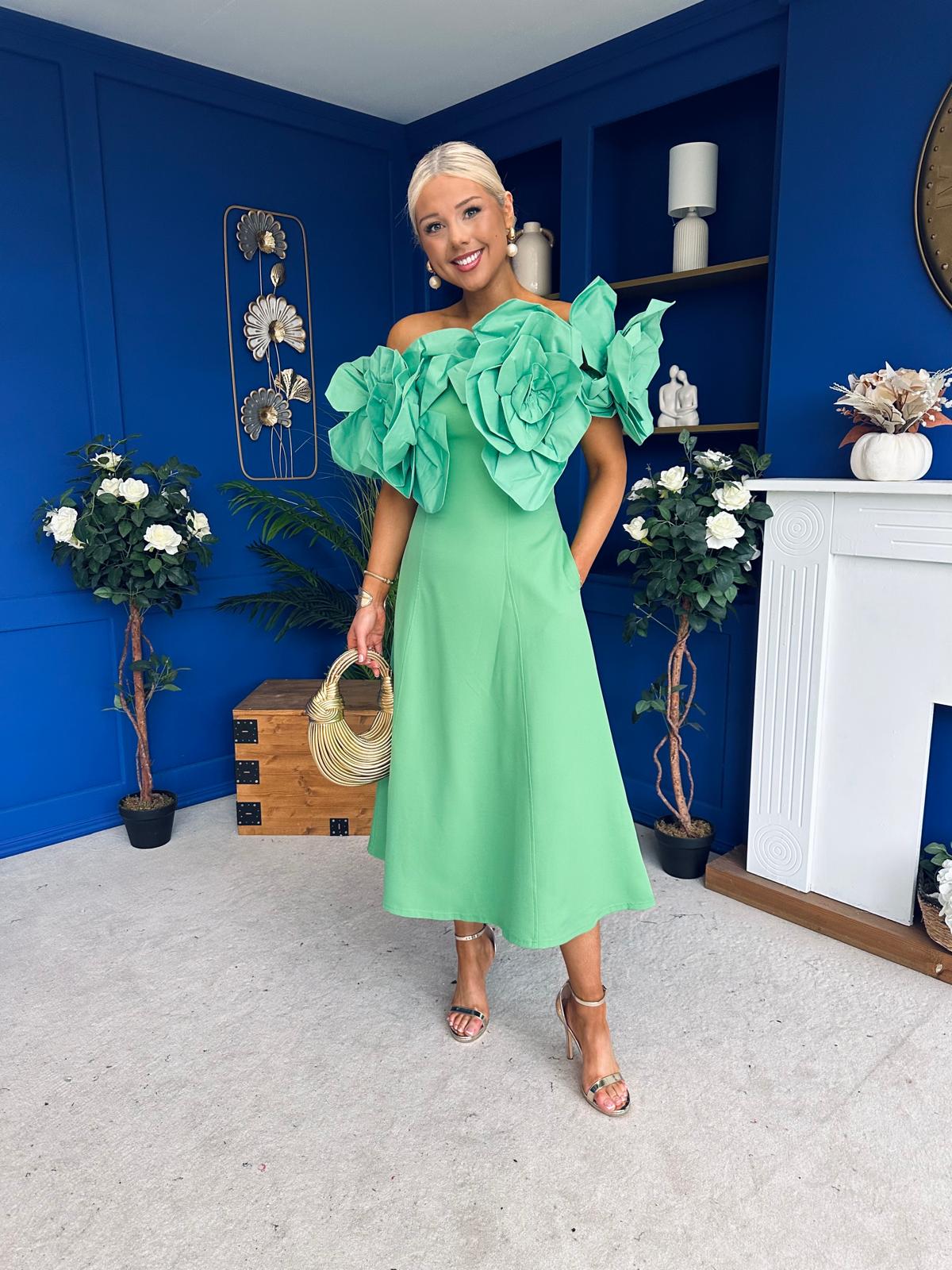 Jackie Floral Detail Occasion Midi Dress Emerald