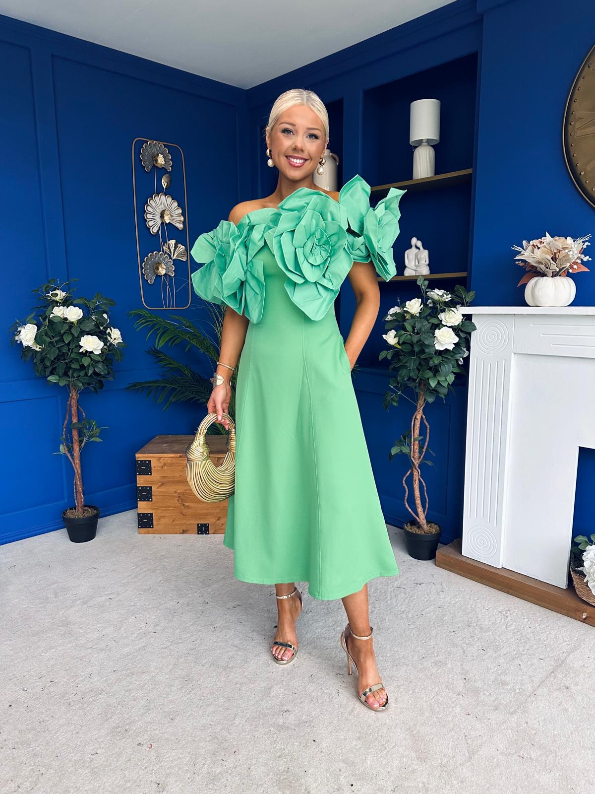 Jackie Floral Detail Occasion Midi Dress Emerald